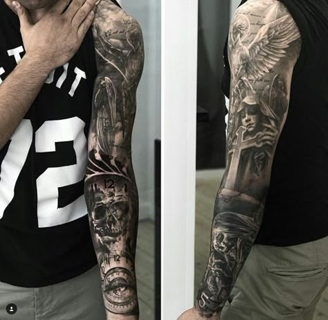 Good Vs Evil Tattoo, Angelic Tattoos, Good And Evil Tattoos, Voll Arm-tattoos, Good Vs Evil, Tattoo Diy, Evil Tattoo, Evil Tattoos, Full Sleeve Tattoo Design