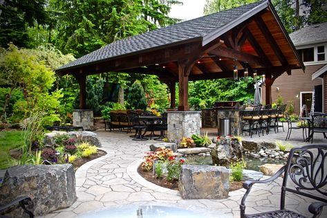 Whether it is for hot summer days or cool Autumnal evenings, providing your landscape with an outdoor structure offers versatility and style!  Check out more outdoor living spaces! Modern Patio Decor, Patio Pavilion, Pavilion Ideas, Patio Pictures, Rustic Patio, Outdoor Patio Designs, Outdoor Pavilion, Outdoor Remodel, Backyard Gazebo