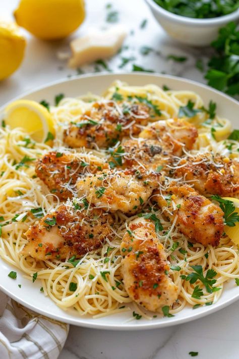 Pasta With Chicken Tenders, Lemon Chicken Scampi, Garlic Scampi Pasta, Scampi Sauce Recipe Chicken, Healthy Chicken Scampi, Weeknight Pasta Recipes, Light Chicken Meals, Grilled Chicken With Pasta, Pasta With Chicken Cutlet