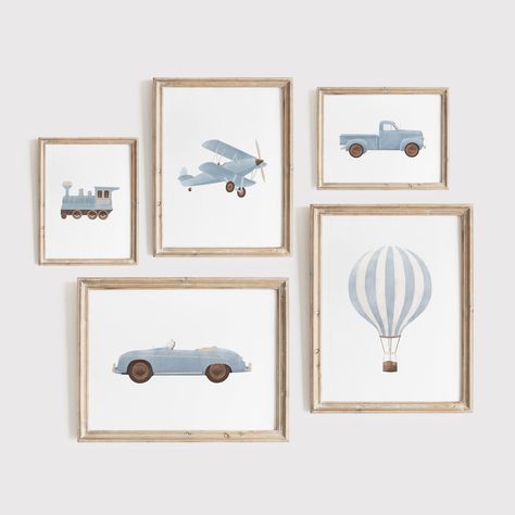 THIS ITEM IS A DIGITAL DOWNLOAD Please note that this listing is for digital files only. No physical product will be shipped. ABOUT Add the perfect finishing touch to your little one's nursery or bedroom decor with this set of blue vintage travel themed prints. This set includes a watercolor biplane, hot air balloon, train, car, and truck. With multiple sizes to choose from, these files are designed to fit almost any frame size. Download, print, and trim your art at home within minutes or send i Boat Nursery Wall Art, Baby Room Digital Art, Baby Boy Nursery Art Wall, Boy Nursery Themes Target, Baby Car Wall Art, Target Nursery Boy, Free Download Printables Wall Art Nursery, Nursery Art Prints Baby, Free Boys Printable Wall Art