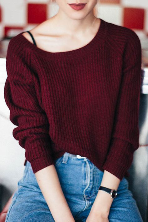 $14.99 for Wine Red Boat Neck Sweater WINE RED: Sweaters | ZAFUL Wine Red Sweater, Retro Pin Up, Shirts Graphic, Pullover Outfit, Mode Casual, Sweatshirt Outfit, Boatneck Sweater, Red Sweater, Loose Sweater