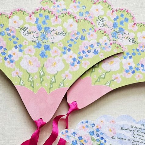 Diane Holdsambeck / My Lady Dye on Instagram: "Persian inspired programs with scallop edge and floral forms. Featuring a venue painting of the Tea-Room, these programs also functioned as fans for M+C's outdoor wedding ceremony at @villacimbrone. Showcased in an elegant color palette of pink, green, and blue, these unique shaped cards were embellished with silk ribbon and pink velvet paper mimicking the beautiful form of a tulip flower. With @exclusiveitalyweddings  . . #myladydye #wedding #programs #ceremonyprograms #weddingceremony #italywedding #iranianwedding #persianwedding #diecut #weddingdetails #weddinginspiration #weddingstyle #dailydoseofpaper #weddingpaper #paperlove #handcrafted #papergoods #luxurywedding #fineartwedding #fineartbride #watercolorillustrations #watercolorinvitati Fan Wedding Invitations, Petal Fan Wedding Program, Wedding Fan Programs, Fan Wedding Programs, Elegant Color Palette, Iranian Wedding, Velvet Paper, Wedding Program Fans, Persian Wedding