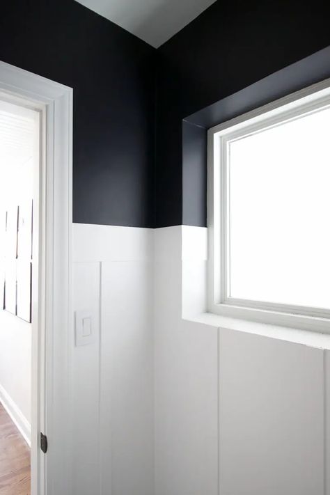 Black Bathroom Paint, White Board And Batten, White Bathroom Paint, Small Powder Room, Bold Bathroom, Black Paint Color, Black White Bathrooms, Bathroom Paint, Powder Room Small