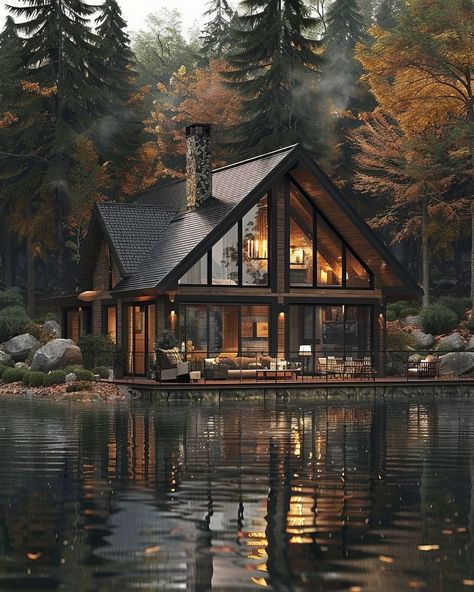 Cabin With A View, Interior Design Lake House, Modern Cozy Cabin, Glass Cabin In The Woods, Mountain Lake House Interior, Mountain Lake Cabin, Forest Lake House, Vermont Lake House, Modern Lake Cabin