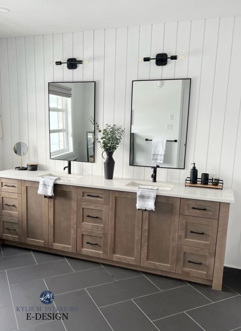 Modern Farmhouse Bathroom With Gray Vanity, Farmhouse Bathroom Black Floor, Dark Grey Bathroom Vanity Black Hardware, Bathroom Black Floor Wood Vanity, Master Bath Ideas Dark Floor, Bathroom Ideas Dark Floor Light Walls, Vertical Shiplap Behind Vanity, Farmhouse Bathroom With Dark Floors, Ensuite Bathroom Ideas 2023