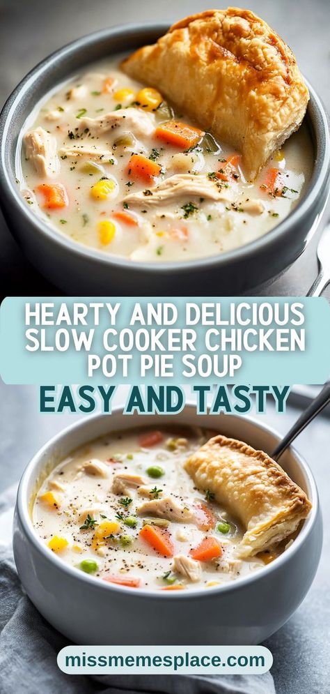 Warm your heart and home with this Hearty and Delicious Slow Cooker Chicken Pot Pie Soup! This recipe transforms the classic pot pie into a creamy, satisfying soup that’s rich with flavor and easy to make. Tender chicken mingles with fresh vegetables and is enveloped in a luscious broth, making it the perfect dish for cold nights. Enjoy the simplicity of throwing everything into the slow cooker and returning to a ready-to-eat dinner that will impress your family and friends. Crockpot Pot Pie Soup, Chicken Pot Pie Crockpot Soup, Pot Pie Chicken Soup, Slow Cooker Pot Pie Soup, Rotisserie Chicken Pot Pie Soup, Crock Pot Soup With Chicken, Turkey Pot Pie Soup Crockpot, Chicken Soup Slow Cooker Recipes, Chicken Potpie Soup Crockpot