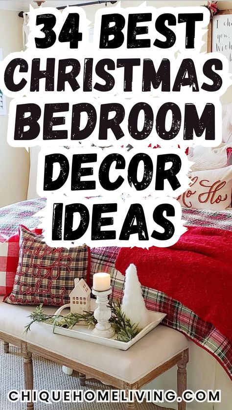 Are you looking for clever ways to bring festive cheer into your sleeping space? Our 34 curated Christmas bedroom decor ideas are sure to transform your room into a cozy holiday retreat! Christmas Cozy Decorations, Christmas Bedroom White, Over The Bed Christmas Decor, Ways To Decorate Your Bedroom For Christmas, Christmas Decor Guest Bedroom, Kids Bedroom Christmas Decor Ideas, Christmas Decor For Small Bedroom, Neutral Bedroom Christmas Decor, Christmas Bedroom Door Decor