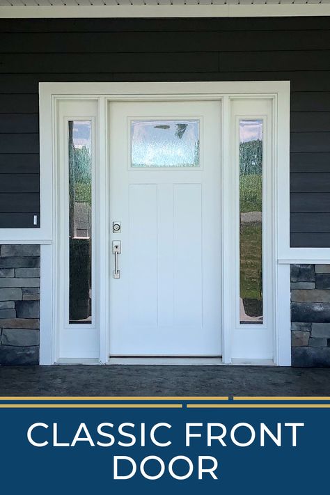 Your front door doesn't have to be a bright and bold color - a simple white front door can make a statement! Add sidelites with decorative door glass, like Rain, to enhance the overall look. White Front Doors With Glass Panels, White Front Door Exterior, White Ranch House, Front Door White, Entry Door With Sidelights, White Front Door, Mudroom Laundry, Exterior Doors With Glass, Rustic Entryway