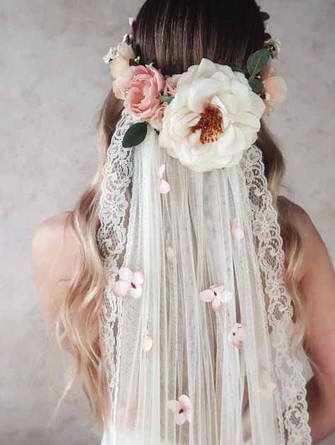 Flower Crown Veil, Lace Wedding Veil With Flowers, Ivory Wedding Veil, Woodland Wedding Headpiece, Floral Crown, Cathedral Veil, Boho Bride - Etsy Cottage Core Wedding Veil, Floral Headdress Wedding, Boho Veil Bohemian Bride Floral Crowns, Boho Bridal Veil, Wedding Floral Veil, Wedding Veil Boho, Bride Flower Crown Veil, Brides With Crowns, Unique Bridal Accessories