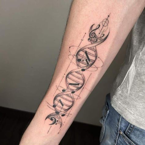 Dna Tattoo Ideas, Tattoos Change, Trumpet Tattoo, Music Symbol Tattoo, Musician Tattoo, Piano Tattoo, Headphones Tattoo, Tato Geometris, Music Tattoo Sleeves