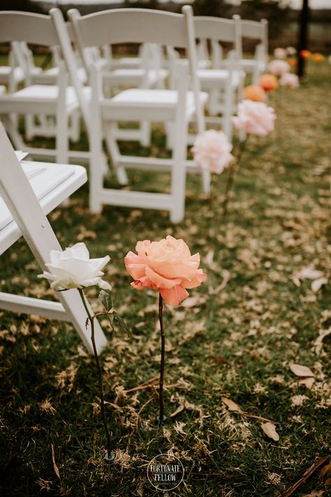 Outdoor Lawn Wedding Ceremony, Single Stem Flower Aisle, Ribbon Aisle Decor, Single Stem Aisle Flowers, Flowers In Ground Wedding Aisle, Single Stem Aisle, Wedding Aisle Inspiration, Simple Wedding Aisle Decor Outdoor Ceremony, Simple Aisle Flowers