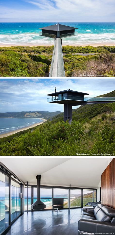 F2 Architecture have designed the Pole House, perched high above the scenic Great Ocean Road in Australia. Edgy Architecture, House On Poles, Lorne Australia, Ocean Architecture, Cantilever Architecture, Waterfront House, Pole House, House Concept, Prairie House