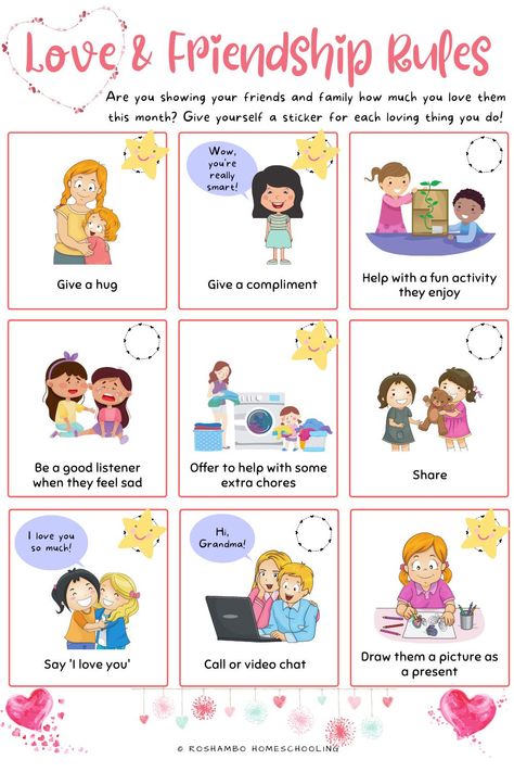 Free printable classroom poster for homeschool for teaching kids about love and friendship! Teach preschool, kindergarten, and elementary school children about social and emotional learning with this fun Valentine's Day activity about how to express love and kindness to friends and family. Use it as a sticker chart to add 'emotional intelligence' and 'emotional regulation' to your classroom or homeschool curriculum! #freeprintableworksheet #printableworksheet Friendship Day Kindergarten Ideas, Friendship Preschool Activities Free Printables, Kindness Posters For Kids, What Is A Good Friend, Friendship Day Activities For Kids, Best Friends Activities, Friendship Cards Diy, Friendship For Kids, Poster Friendship