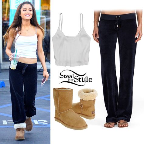 Ariana Grande: Navy Sweatpants, White Tank | Steal Her Style Ugg Outfits, Sweatpants White, Navy Sweatpants, Ariana Grande Outfits, Steal Her Style, Famous Outfits, Celebrities Fashion, Ariana Grande Style, February 14th