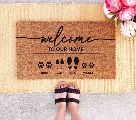 Personalized Custom Family Natural Coir Doormat   Create a happy moment right at your doorstep. It's the perfect way to greet you and your guests every day. MATERIALS Our mats are made with resilient + effective coconut fibers Latex, anti-skid bottom helps secure the mat in place CARE DO NOT SHAKE to avoid tearing Vacuum with hose attachment to refresh + remove excess dirt + debris Keep away from excessive moisture and sun SHIPPING All doormats are made-to-order and require 1-3 business days to be made before shipping. Production may take longer during the holidays. Please check the estimated shipping and delivery date included on your order.  RETURNS We accept returns of unused doormats within 30 days of purchase Doormat Custom Doormat Personalized Doormat with Name Doormat Last Name Door Custom Door Mats, Doormat Personalized, Diy Doormat, Door Mat Diy, Personalized Housewarming Gifts, Soul Sister, Custom Mats, Coir Doormat, Custom Doormat