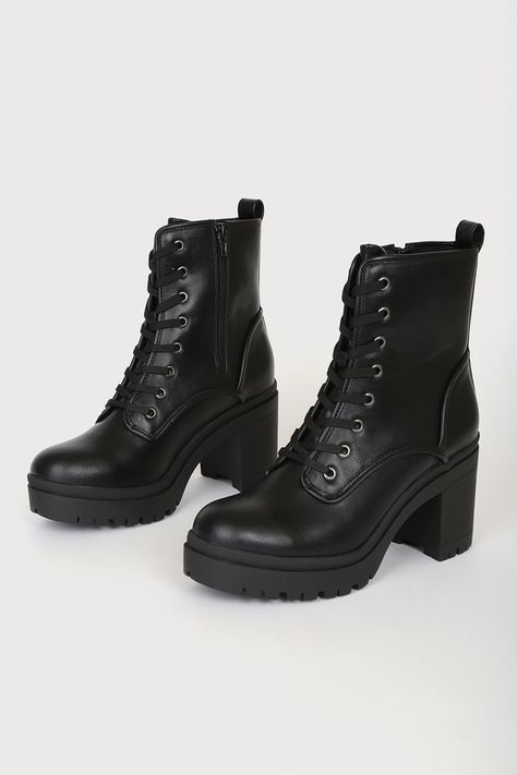 Riana Black Lace-Up Platform Boots Black Lace Up Heel Boots, Black High Top Boots, Black Chunky Platform Boots, Platform Lace Up Boots, Black Leather Platform Boots, Black Boots With Heels, Combat Boot Heels, Witchy Shoes, High Heel Combat Boots