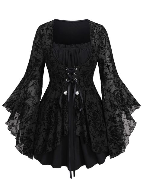 PRICES MAY VARY. Featurel--Gothic style, square neck, lace-up, costume top, long sleeves, ruffles, colorblock, flower print, two tone, buttons Matching--This gothic top can be worn not only with jeans, flares, shorts, and skirts. as everyday fashionable wear but also with hats, necklaces, boots, etc. as a vampire role-play on Halloween. Also, a Renaissance costume or carnival costume is also a good option. Occasions--This long sleeves tee is suitable for daily, halloween witch costume, Renaissan