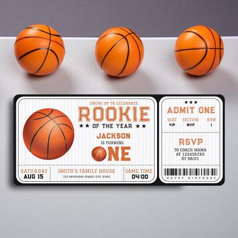 $3.42 | Rookie of the Year 1st Birthday Basketball Ticket | Birthday Invitations | boy's 1st birthday invitation, rookie of the year, rookie year first birthday, sports, our little rookie, ticket, basketball, modern, it's game time, basketball birthday invitation My Rookie Year First Birthday Basketball, Rookie Of The Year First Birthday Decor Basketball, Nike First Birthday Theme, 1st Birthday Boy Basketball Themes, Rookie Year First Birthday Basketball, 1st Birthday Basketball Theme, Basketball 1st Birthday Party, Rookie Year 1st Birthday, Basketball First Birthday Party