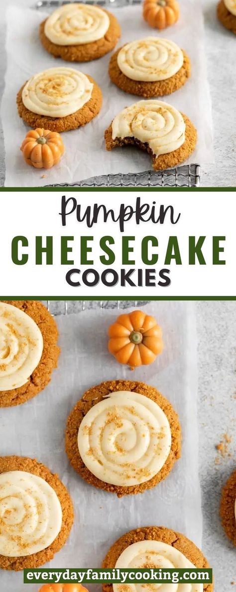 These pumpkin cheesecake cookies are divinely delicious! Soft and tender pumpkin spice cookies are topped with satiny sweet and tangy cream cheese to create the perfect holiday treat. Pumpkin Cheesecake Cookies, Fall Cookie Recipes, Fall Baking Recipes, Pumpkin Spice Recipe, Pumpkin Spice Cookies, Pumpkin Recipes Dessert, Cheesecake Cookies, Spice Cookies, Easy Baking Recipes Desserts