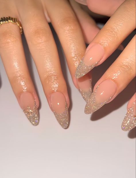 Almond Nails With Tip Color, Gold Glitter French Tip Nails Coffin, Nude Glitter French Tip Nails, Long Almond Glitter Nails, Formal Gold Nails, Natural Acrylic Nails With Glitter, Bling French Tip Nails Almond, Birthday Sparkly Nails, Red Almond Nails Designs Glitter