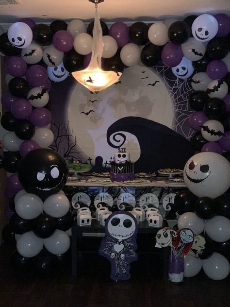 Jack Skellington Birthday Decoration. The Nightmare Before Christmas. Birthday Party number 6 Nightmare Before Christmas Halloween Party Idea, Jack Skellington Bday Party Ideas, Jack Skellington Themed Birthday Party, Nightmare Before Christmas Photo Backdrop, Jack Themed Birthday Party, Nbc Party Decorations, The Nightmare Before Christmas Theme Party, Halloween Party Nightmare Before Christmas, Jack Skellington Theme Party