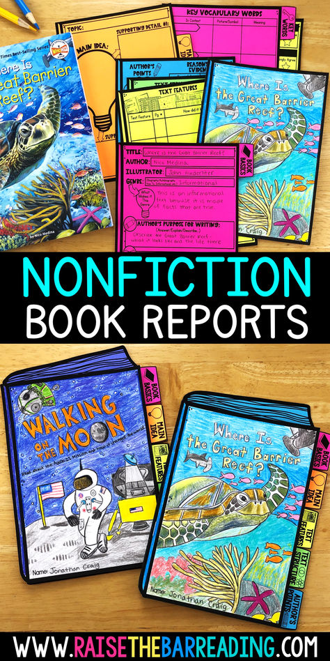 These tab books are a super engaging way to make nonfiction book report writing meaningful and fun! Skills covered include main idea and supporting details, nonfiction text strucuture, nonfiction text features, author's point of view, summarizing, and more. A low prep, printable activity that is great for independent or group work with students in grades 3, 4, 5 or 6. Use for any informational text or nonfiction reading passage. Informative Text Writing, Nonfiction Book Report Template, Third Grade Book Reports, Second Grade Book Report, Fun Reading Ideas For Classroom, Library Activities For 3rd Graders, Grade 2 Writing Projects, Creative Book Report Ideas Elementary, Fun Book Report Ideas