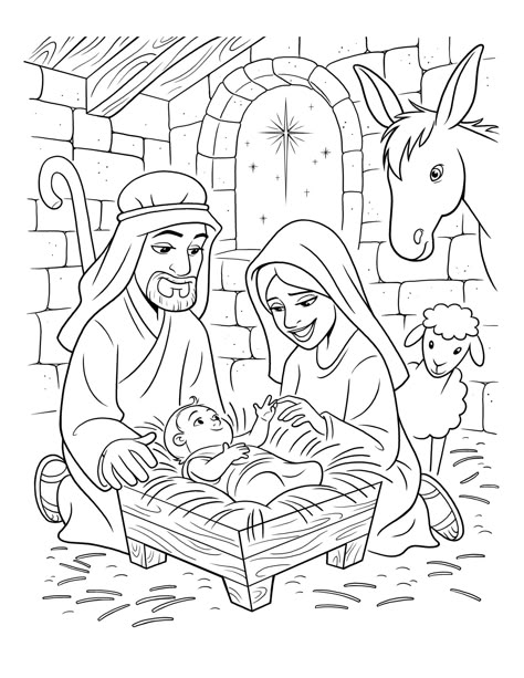 Mary and Joseph sit next to the manger where baby Jesus lies. Lds Coloring Pages, Nativity Coloring Pages, Jesus Coloring Pages, Birth Colors, Family Coloring Pages, Printable Christmas Coloring Pages, Jesus Drawings, Jesus Mary And Joseph, The Birth Of Christ