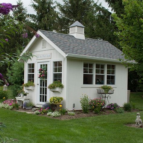 THE SON FLOWER SHACK Garden Design With Shed, Flowers Around Shed, Farmhouse Garden Shed, English Cottage Garden Shed, She Shack, Small Backyard Shed Ideas Garden Cottage, Flower Shed, White Garden Shed, Art Shack She Sheds