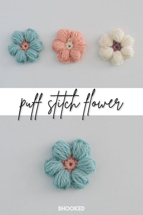 With this project you’ll get to practice your puff stitch skills and see how the tension can adjust the sizing of the flower petals. #BHooked #Crochet #HowToCrochet #CrochetProject #CrochetPattern #CrochetTutorial Puff Stitch Flower Crochet Pattern, How To Make A Crochet Puff Stitch, Crochet Puff Daisy Pattern Free, How To Make Puffy Crochet Flowers, Puffed Flower Crochet, Free Puff Flower Crochet Pattern, Chunky Daisy Crochet, How To Crochet Puff Flowers, Crochet White Flowers Free Pattern