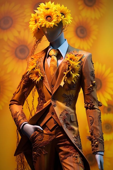 Sunflower inspired suit Floral Suit Men, Faerie Soiree, Campaign Items, Flower Suit, Hero Clothes, Royal Clothes, Met Gala Outfits, Gold Suit, Gala Outfit