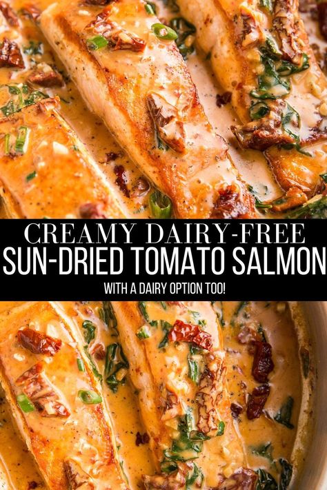 Creamy Sun-Dried Tomato Salmon features a delicious sun-dried tomato basil sauce with plenty of garlic notes for an impressive main dish. This recipe includes a dairy-free option as well as an option for classic cream sauce. Serve it with rice, mashed potatoes, or roasted vegetables for a complete meal! #dinner #salmon #healthy #keto #paleo #dairyfree Dairy Free Salmon Recipes, Tomato Recipes Healthy, Salmon Healthy, Gluten Free Salmon, Dinner Salmon, Roasted Tomato Pasta, Sun Dried Tomato Sauce, Tomato Cream Sauce, Sauce For Salmon