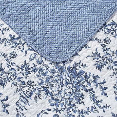 Amazon.com: Laura Ashley Quilt Set Reversible Cotton Bedding with Matching Shams, Lightweight Home Decor for All Seasons, King, Bedford Delft Blue : Home & Kitchen Blue Quilt Bedding, Blue And White Bedding, Cotton Quilt Set, Ashley Home, Work Space Decor, Blue Toile, Bed In A Bag, Quilted Sham, Blue Quilts