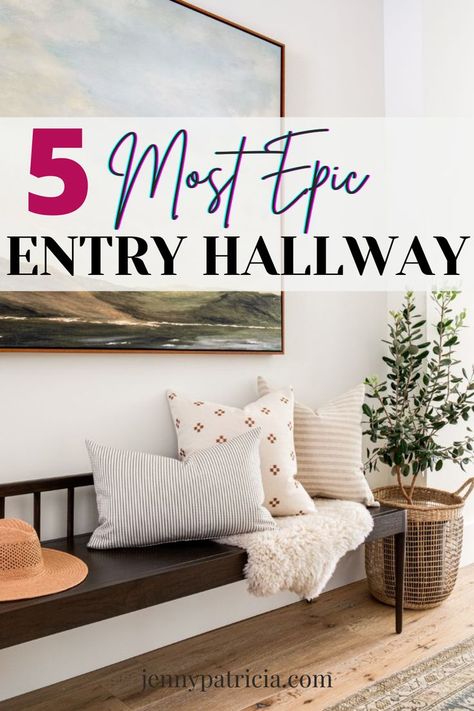 Over Front Door Decor Interior Entryway, Realistic Entryway Ideas, Bench In Hallway Decor, Entryway And Hallway Ideas, How To Decorate A Large Entry Wall, Long Entry Way Decor Ideas, Small Entryway Room Ideas, Chair In Hallway Entryway, Wall Decor Front Entryway