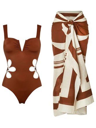 One Piece Swimsuit With Cover Up, Covering Swimsuit, Swimsuit Cover Up Ideas, Brown Decoration, Supportive Swimsuit, V Neck Pattern, Swimsuit With Cover Up, Swimsuits One Piece, Beach Attire