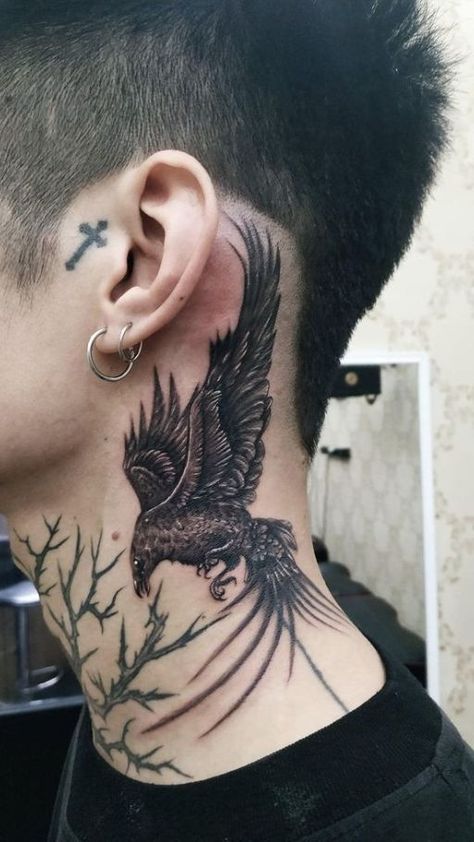 Crow Neck Tattoo Design, Men’s Throat Tattoo Ideas, Raven Tattoo Neck, Crow Tattoo Neck, Animal Neck Tattoo, Half Neck Tattoo, Raven Neck Tattoo, Bird Neck Tattoo, Mens Neck Tattoos