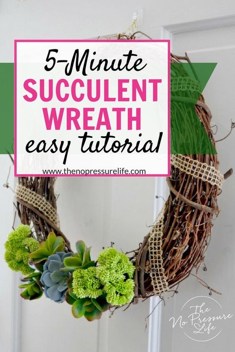 Love this easy DIY faux succulent wreath! You can make this easy craft in just 5 minutes with this simple tutorial using fake succulents from the dollar store. It's a perfect spring or summer wreath for your front door. via @nopressurelife #wreath #succulent #wreaths #succulentlove #crafts #diycrafts #diydecor #crafting #wreathtutorial Faux Succulent Wreath Diy, Succulent Crafts, River Craft, Succulent Wreaths, Faux Succulent Wreath, Succulent Wreath Diy, Quick Organization, Craft Studios, Fake Succulents