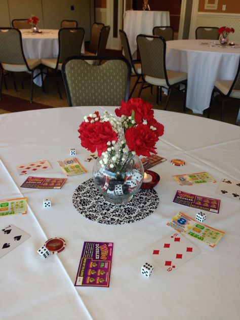 Vegas bridal shower theme center piece. Poker chips, dice, glass beads with carnations. Surround it with card and lottery tickets! Las Vegas Themed Bridal Shower Ideas, Las Vegas Bridal Shower Theme, Vegas Themed Bridal Shower Ideas, Lucky In Love Bridal Shower Decor Casino, Vegas Bridal Shower Theme, Prom Centerpieces, Housekeeping Week, Honeymoon Shower, Casino Party Games