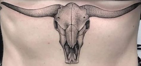 Bull Skull Tattoo Under Knee, Bull Skull Tattoo Stomach, Long Horn Tattoo For Women, Tattoo On Sternum, Bull Skull Tattoo, Bull Skull Tattoos, Cow Tattoo, Bison Skull, Belly Tattoo