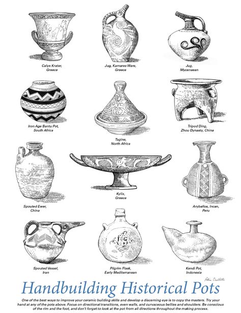 Pottery Design Sketch, Historical Pottery Ceramics, Pottery Illustration Drawings, Pottery Sketch, Pottery Drawing, Ceramic Building, Historical Pottery, Pottery Making Illustrated, Vase Art