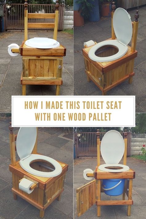 We will get all old, this is an alternative to make it to the toilet at night, off-grid or camping. Decide the high of your toilet seat. For mine, the front leg is 40 cm and the back leg 1.2 m (front and back 4cm x 4cm). I cut 4cm x 1cm strips to cover … Read More » #PalletChairs, #PalletSeat, #RecyclingWoodPallets, #Toilet #PalletBenches,PalletChairsStools Composting Toilets, Outdoor Bathroom Design, Outdoor Toilet, Potty Chair, Camping Toilet, Pools Backyard, Diy Toilet, Composting Toilet, Outdoor Bathrooms