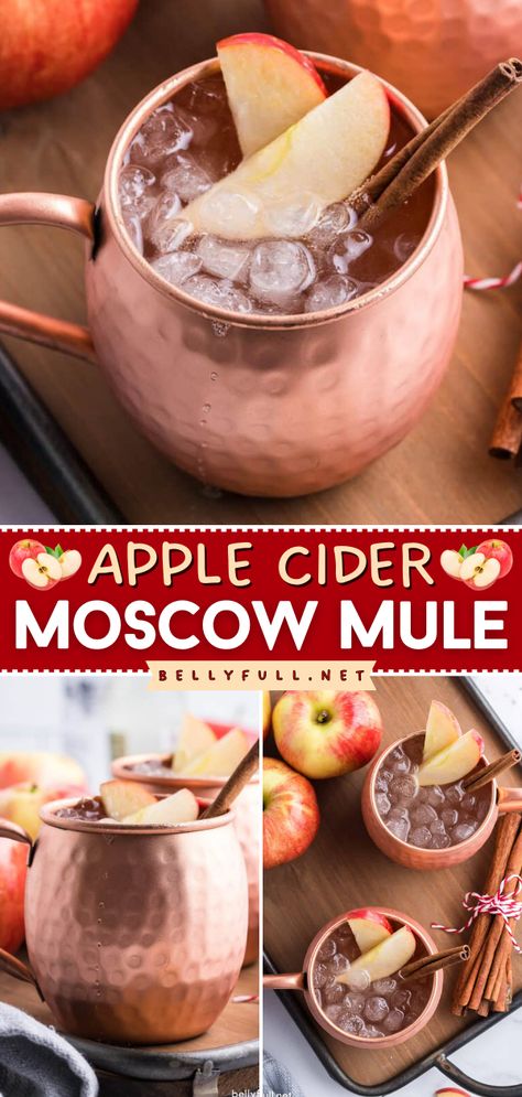 This easy fall recipe is one of the cocktails to make at home! You can even whip up a big batch of this simple fall drink for a party. Sweet, sour, and boozy, this Apple Cider Moscow Mule is a fun twist on the traditional! Apple Cider Bourbon Mule, Apple Butter Moscow Mule, Pumpkin Spice Apple Cider Moscow Mules, Carmel Apple Moscow Mule Recipe, Apple Cider Moscow Mules, Apple Cider Cocktails For A Crowd, Apple Cider Mules, Large Batch Moscow Mule Recipe, Apple Cider Moscow Mule Recipe