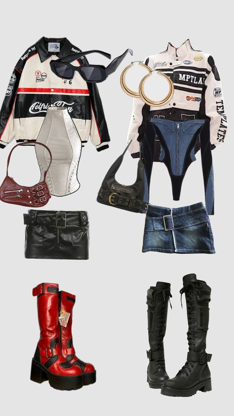 matching racing fits 🏎️🏁 #outfit #style Racer Theme Outfit, Motor Sport Outfit Women, Y2k Racer Aesthetic, Street Racer Outfit Women, Nascar Race Outfit, Racecar Outfits, Racing Outfit Aesthetic, Race Girl Outfit, Motorcycle Aesthetic Outfits