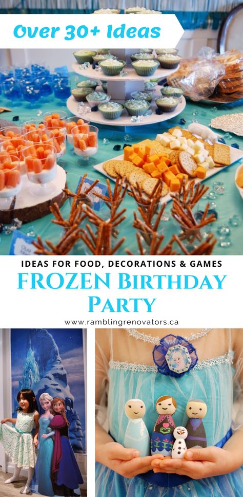 Snacks For Frozen Birthday Party, Frozen Birthday Menu Ideas, Frozen Party Food Ideas Meals, Elsa Birthday Food Ideas, Elsa Food Ideas, Frozen Theme Party Food Ideas, Cheap Frozen Birthday Party, Frozen Birthday Party Ideas Food, Elsa Themed Birthday Party Food Ideas