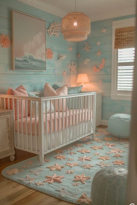 50 Simply Adorable Baby Girl Nursery Ideas You’ll Love! Beachy Girl Nursery, Ocean Themed Baby Room, Nautical Girl Nursery, Baby Girl Beach Nursery, Beach Themed Nursery Girl, Ocean Themed Nursery Girl, Baby Girl Ocean Theme Nursery, Beach Nursery Girl, Nursery Mermaid Theme