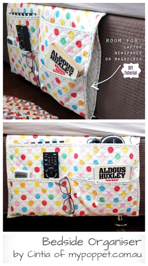 DIY Bedside Pocket Organizer Free Sewing Pattern & Tutorial Diy Bed Organizer, Bed Organizer Bedside Caddy, Bedside Storage Ideas Diy, Diy Bed Caddy Bedside Storage, Diy Bed Pocket, Armchair Organizer Pattern, Bedside Storage Bag, Bed Pockets Pattern Bedside Caddy, Bedside Caddy Sewing Pattern