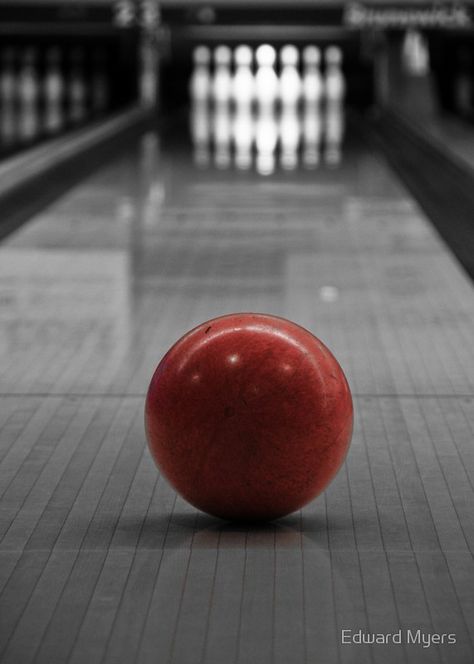 Focus by Edward Myers Bowling Poster Color Splash Photography, Splash Photography, Bowling Alley, Red Ball, Bowling Ball, White Picture, Black White Photos, Black And White Pictures, Red And Grey