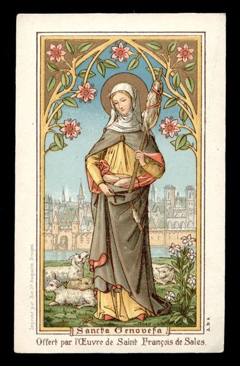 Saint Genevieve, Feast Day January 3 Saint Genevieve, Women Saints, Saint Katherine, St Genevieve, Spindle Spinning, Catholic Artwork, Santi Cattolici, Vintage Holy Cards, Kartu Doa