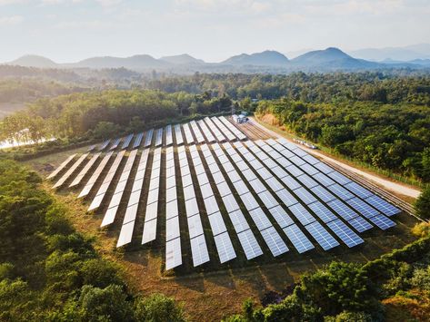 Aerial view of the solar power plant on the mountain at sunset Infrastructure Development, Solar Power Plant, Solar Farm, Sustainable Technology, Green Tech, Outdoor Tv, Solar Technology, Best Vacuum, Renewable Sources Of Energy