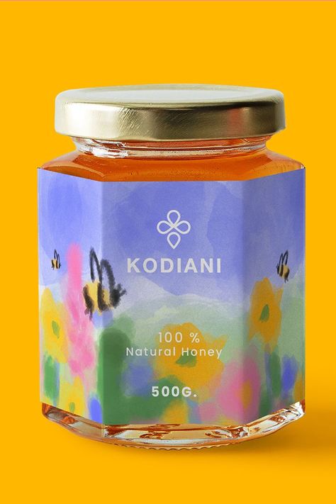 100 % Natural Georgian Honey｜packaging design ｜ Honey Packaging ｜ Logo Design Illustration Tincture Packaging Design, Jar Package Design, Honey Graphic Design, Honey Branding Design, Product Label Design Ideas, Bee Branding, Honey Packaging Design, Food Package Design, Logo Honey