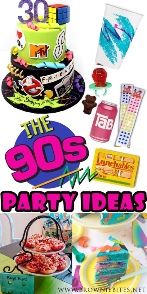 How To Throw a Nostalgic 90s Themed Party.  90s food, cakes, and decorations! 90s Themed Party, 90s Theme Party Decorations, 90s Party Ideas, 90s Food, 90s Party Decorations, 30th Bday Party, 30th Birthday Themes, Nostalgic 90s, 90s Theme Party